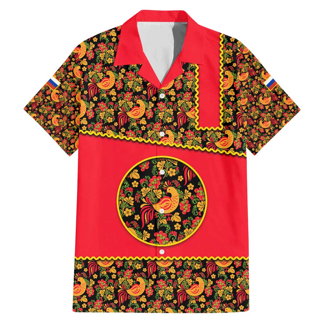 Russia Folk Art Family Matching Mermaid Dress and Hawaiian Shirt with Khokhloma Pattern and Traditional Rooster Design
