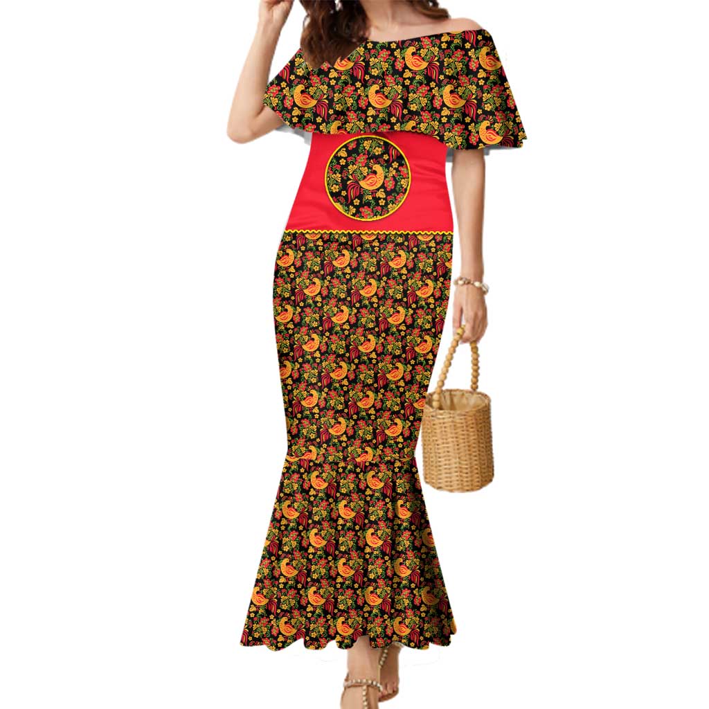 Russia Folk Art Family Matching Mermaid Dress and Hawaiian Shirt with Khokhloma Pattern and Traditional Rooster Design