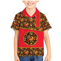 Russia Folk Art Family Matching Mermaid Dress and Hawaiian Shirt with Khokhloma Pattern and Traditional Rooster Design