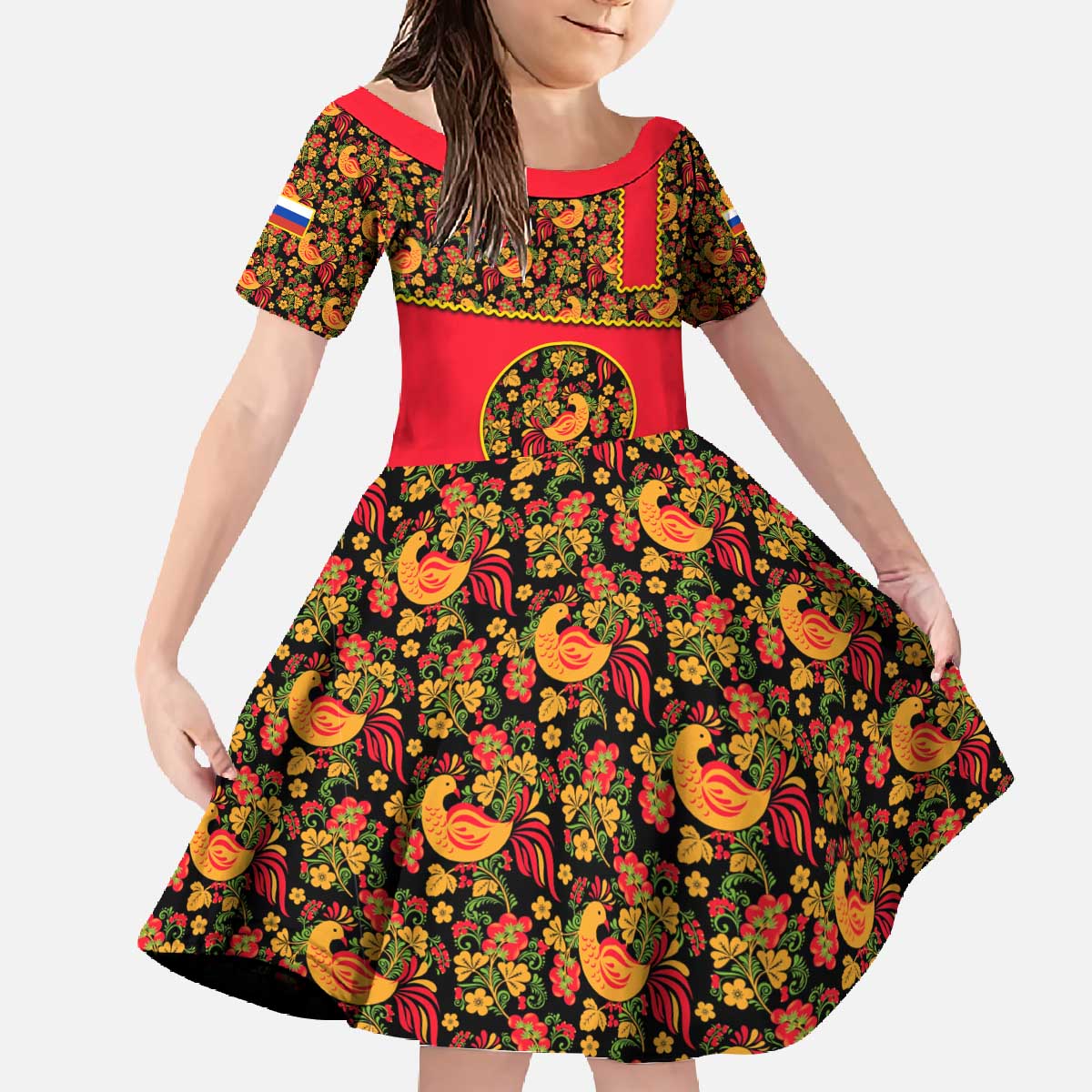 Russia Folk Art Family Matching Off The Shoulder Long Sleeve Dress and Hawaiian Shirt with Khokhloma Pattern and Traditional Rooster Design