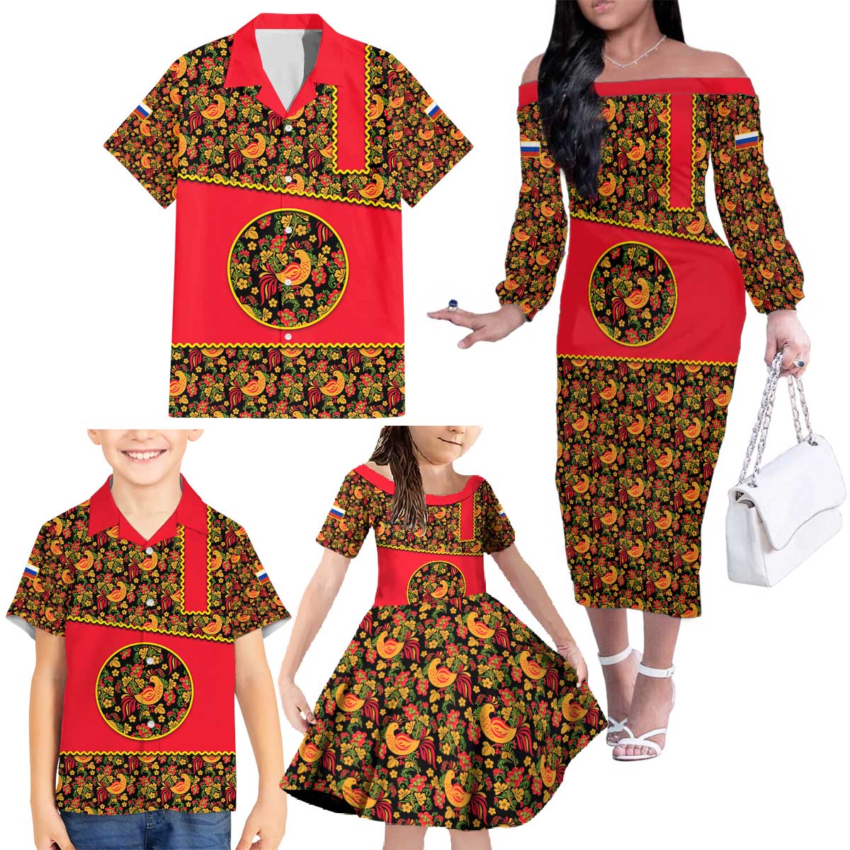 Russia Folk Art Family Matching Off The Shoulder Long Sleeve Dress and Hawaiian Shirt with Khokhloma Pattern and Traditional Rooster Design