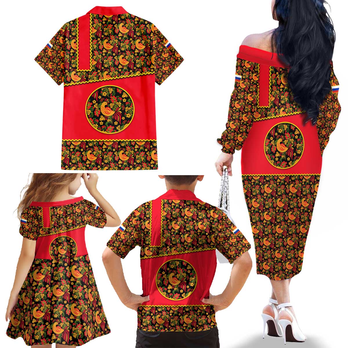 Russia Folk Art Family Matching Off The Shoulder Long Sleeve Dress and Hawaiian Shirt with Khokhloma Pattern and Traditional Rooster Design