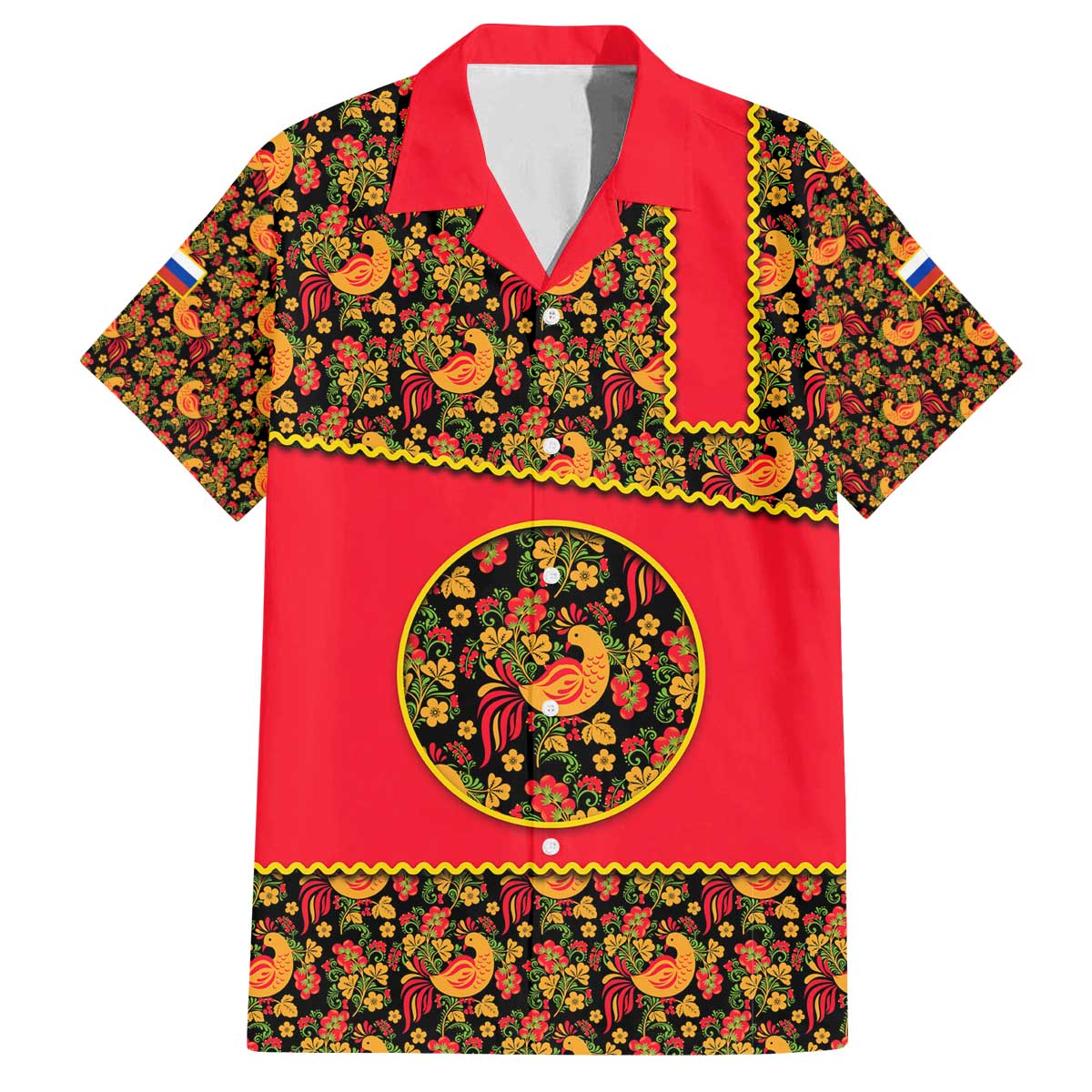 Russia Folk Art Family Matching Off The Shoulder Long Sleeve Dress and Hawaiian Shirt with Khokhloma Pattern and Traditional Rooster Design