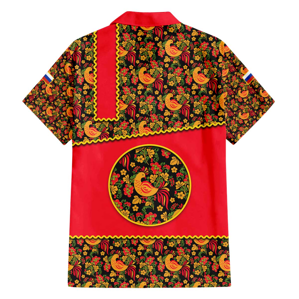 Russia Folk Art Family Matching Off The Shoulder Long Sleeve Dress and Hawaiian Shirt with Khokhloma Pattern and Traditional Rooster Design