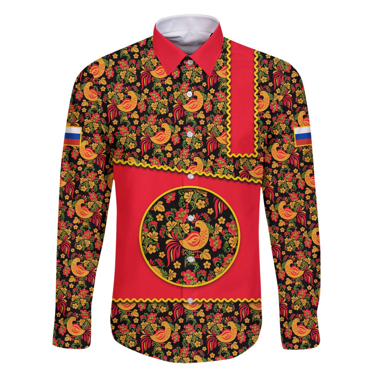 Russia Folk Art Family Matching Off The Shoulder Long Sleeve Dress and Hawaiian Shirt with Khokhloma Pattern and Traditional Rooster Design