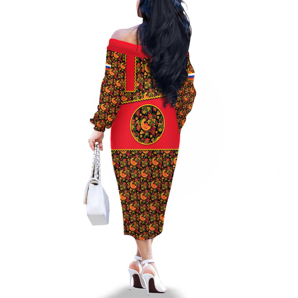 Russia Folk Art Family Matching Off The Shoulder Long Sleeve Dress and Hawaiian Shirt with Khokhloma Pattern and Traditional Rooster Design