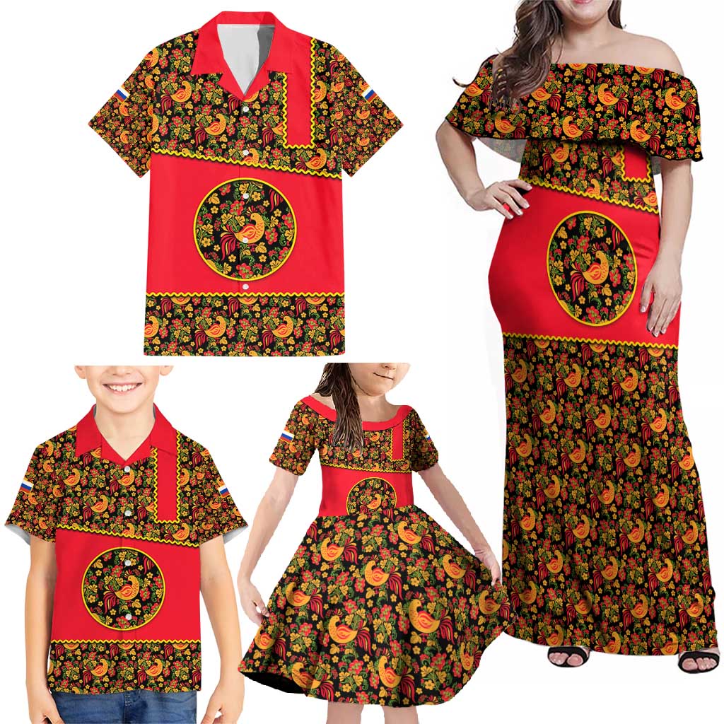 Russia Folk Art Family Matching Off Shoulder Maxi Dress and Hawaiian Shirt with Khokhloma Pattern and Traditional Rooster Design