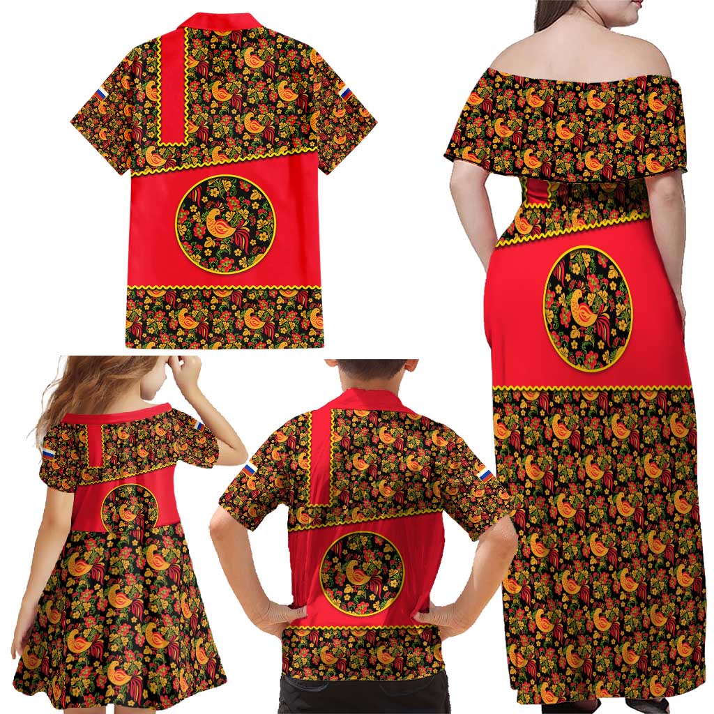 Russia Folk Art Family Matching Off Shoulder Maxi Dress and Hawaiian Shirt with Khokhloma Pattern and Traditional Rooster Design