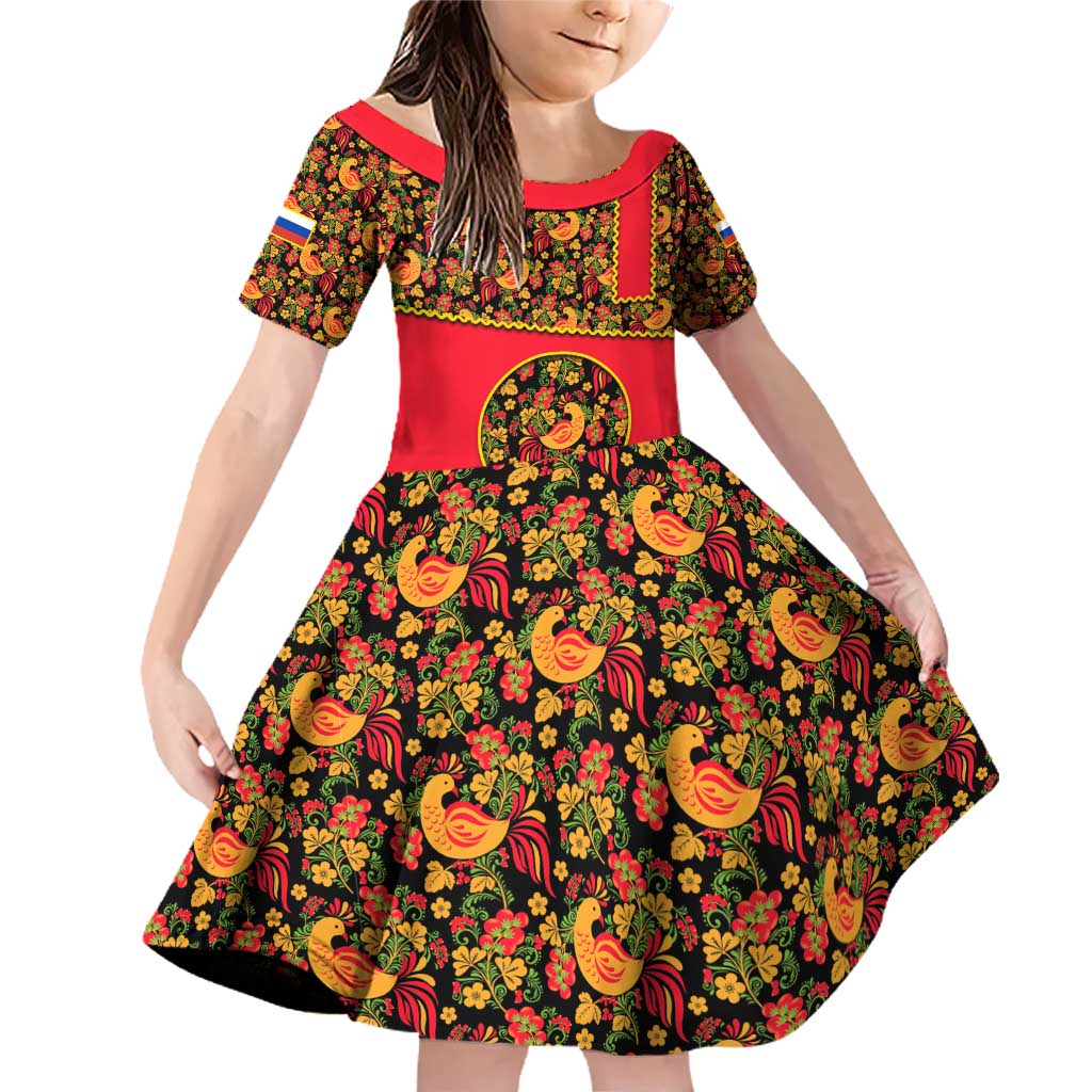 Russia Folk Art Family Matching Off Shoulder Short Dress and Hawaiian Shirt with Khokhloma Pattern and Traditional Rooster Design