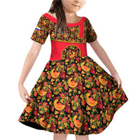 Russia Folk Art Family Matching Off Shoulder Short Dress and Hawaiian Shirt with Khokhloma Pattern and Traditional Rooster Design
