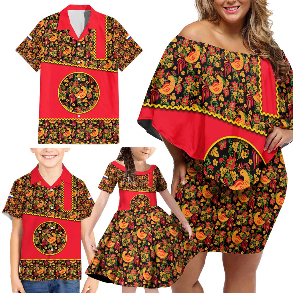Russia Folk Art Family Matching Off Shoulder Short Dress and Hawaiian Shirt with Khokhloma Pattern and Traditional Rooster Design