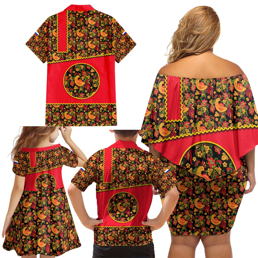 Russia Folk Art Family Matching Off Shoulder Short Dress and Hawaiian Shirt with Khokhloma Pattern and Traditional Rooster Design