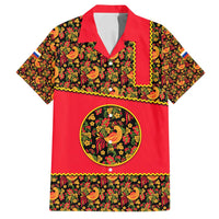 Russia Folk Art Family Matching Off Shoulder Short Dress and Hawaiian Shirt with Khokhloma Pattern and Traditional Rooster Design