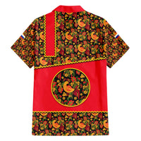 Russia Folk Art Family Matching Off Shoulder Short Dress and Hawaiian Shirt with Khokhloma Pattern and Traditional Rooster Design