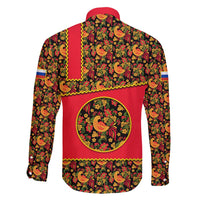 Russia Folk Art Family Matching Off Shoulder Short Dress and Hawaiian Shirt with Khokhloma Pattern and Traditional Rooster Design