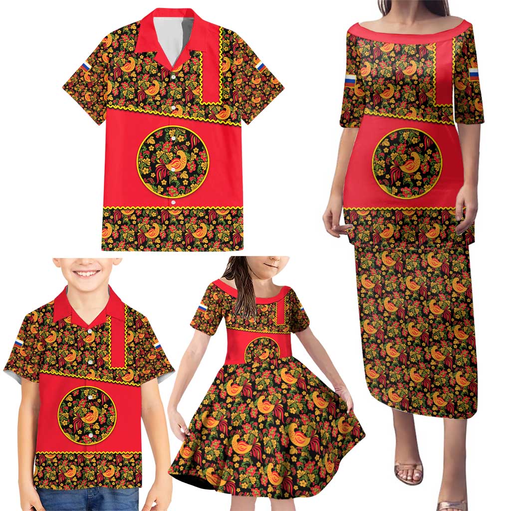 Russia Folk Art Family Matching Puletasi and Hawaiian Shirt with Khokhloma Pattern and Traditional Rooster Design