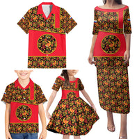 Russia Folk Art Family Matching Puletasi and Hawaiian Shirt with Khokhloma Pattern and Traditional Rooster Design