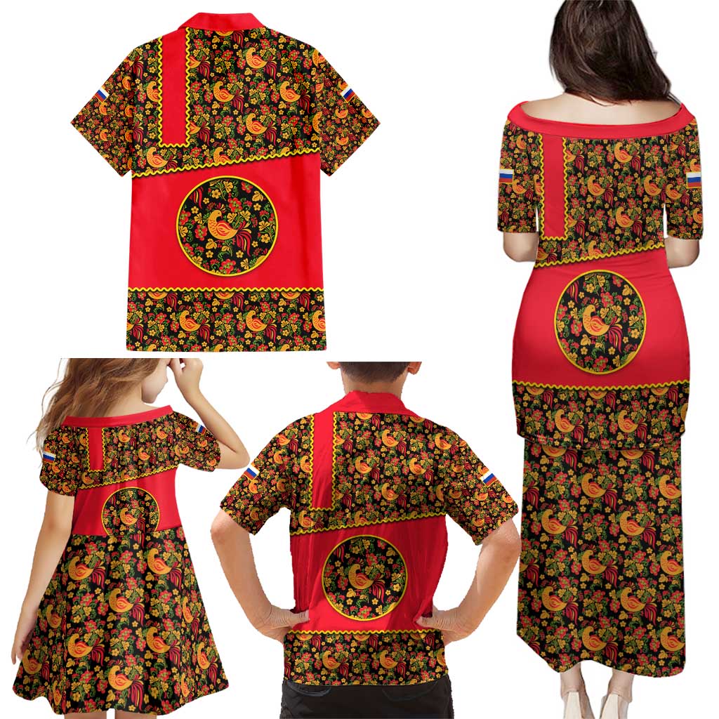 Russia Folk Art Family Matching Puletasi and Hawaiian Shirt with Khokhloma Pattern and Traditional Rooster Design