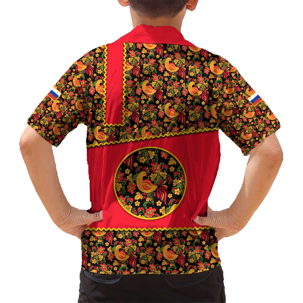 Russia Folk Art Family Matching Short Sleeve Bodycon Dress and Hawaiian Shirt with Khokhloma Pattern and Traditional Rooster Design