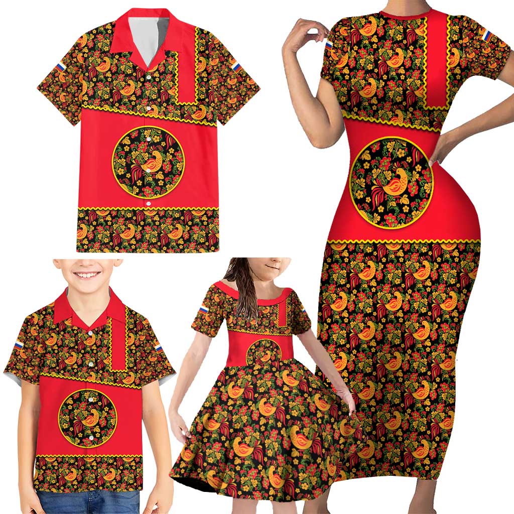 Russia Folk Art Family Matching Short Sleeve Bodycon Dress and Hawaiian Shirt with Khokhloma Pattern and Traditional Rooster Design