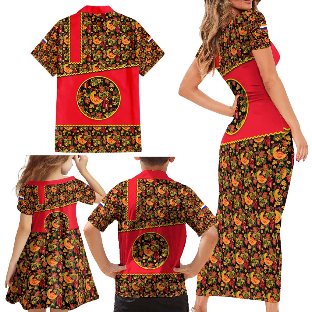 Russia Folk Art Family Matching Short Sleeve Bodycon Dress and Hawaiian Shirt with Khokhloma Pattern and Traditional Rooster Design