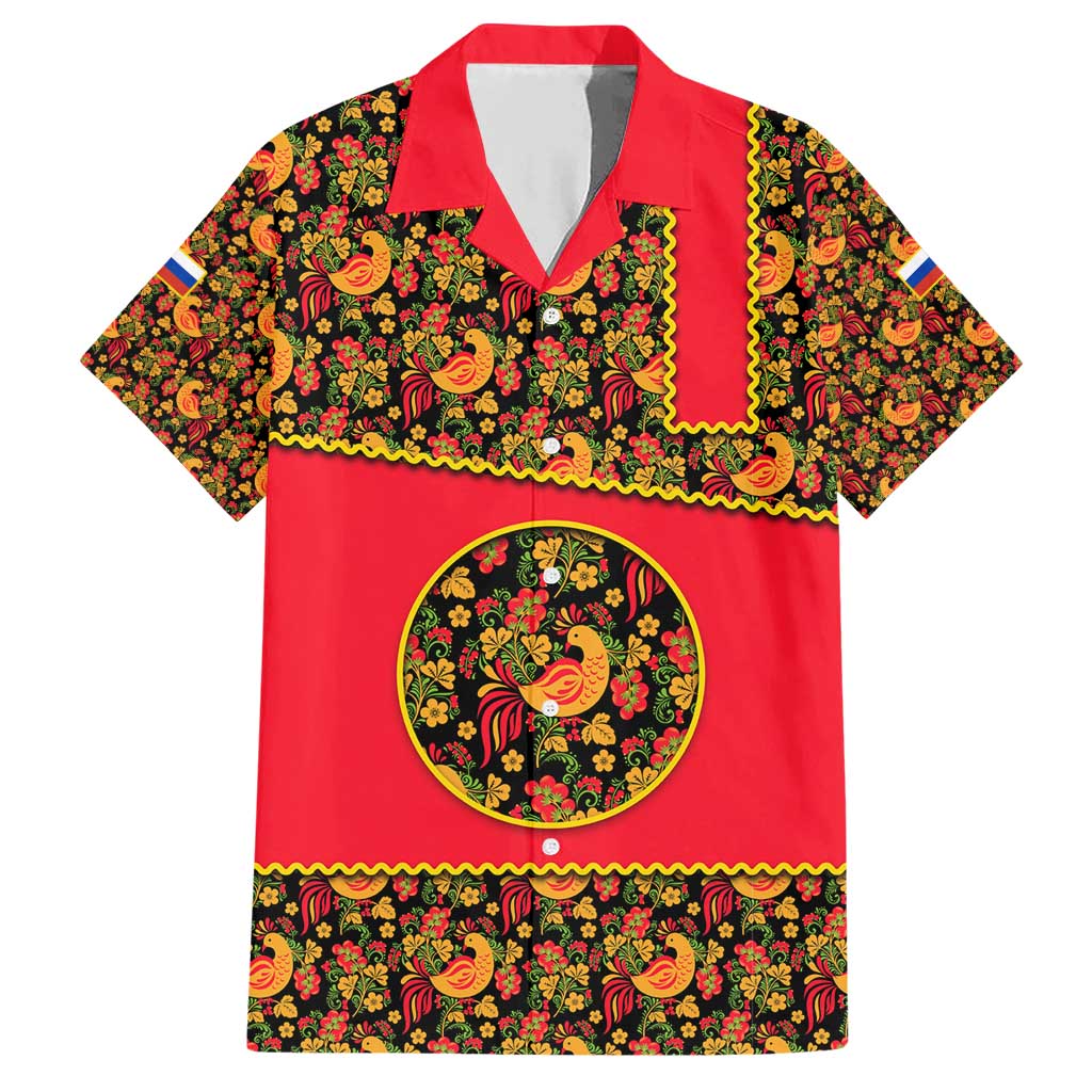 Russia Folk Art Family Matching Short Sleeve Bodycon Dress and Hawaiian Shirt with Khokhloma Pattern and Traditional Rooster Design