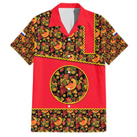 Russia Folk Art Family Matching Short Sleeve Bodycon Dress and Hawaiian Shirt with Khokhloma Pattern and Traditional Rooster Design