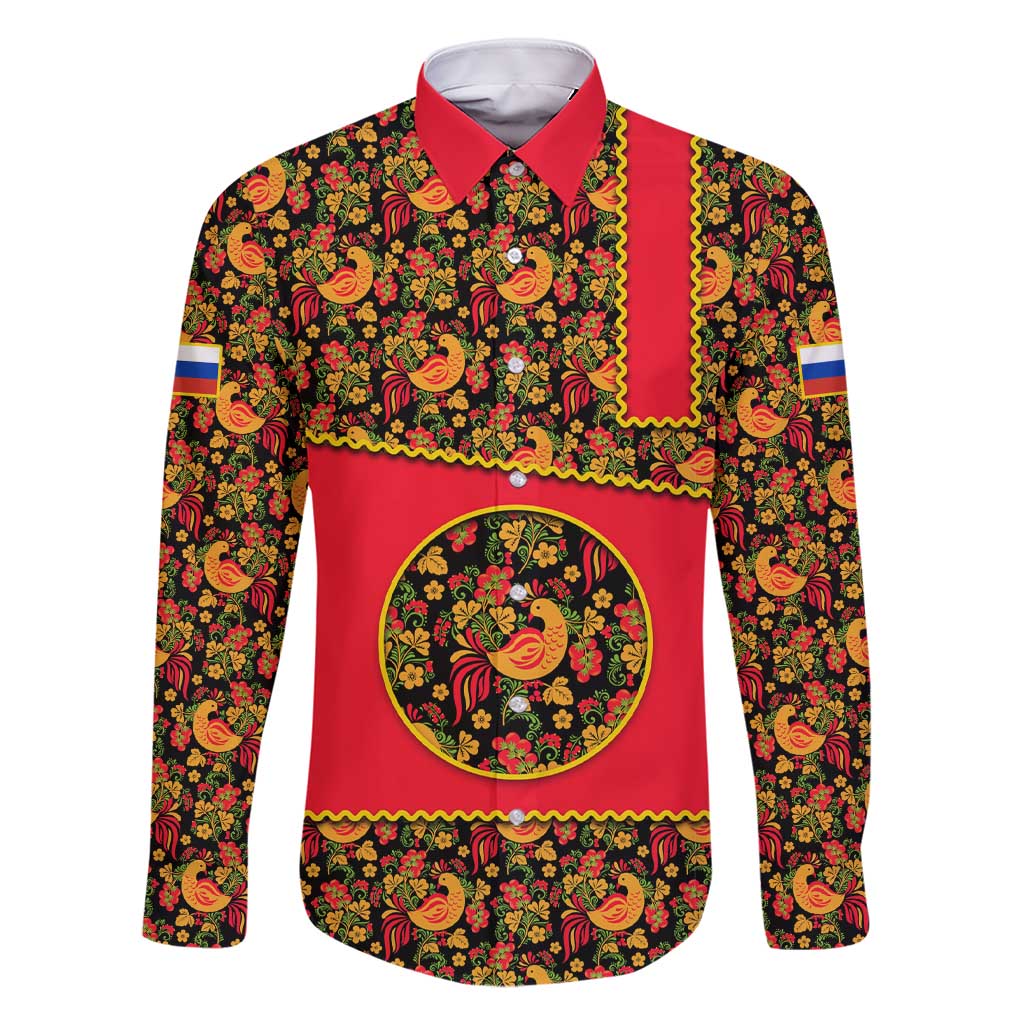 Russia Folk Art Family Matching Short Sleeve Bodycon Dress and Hawaiian Shirt with Khokhloma Pattern and Traditional Rooster Design