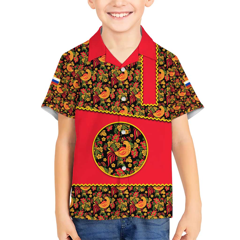 Russia Folk Art Family Matching Short Sleeve Bodycon Dress and Hawaiian Shirt with Khokhloma Pattern and Traditional Rooster Design