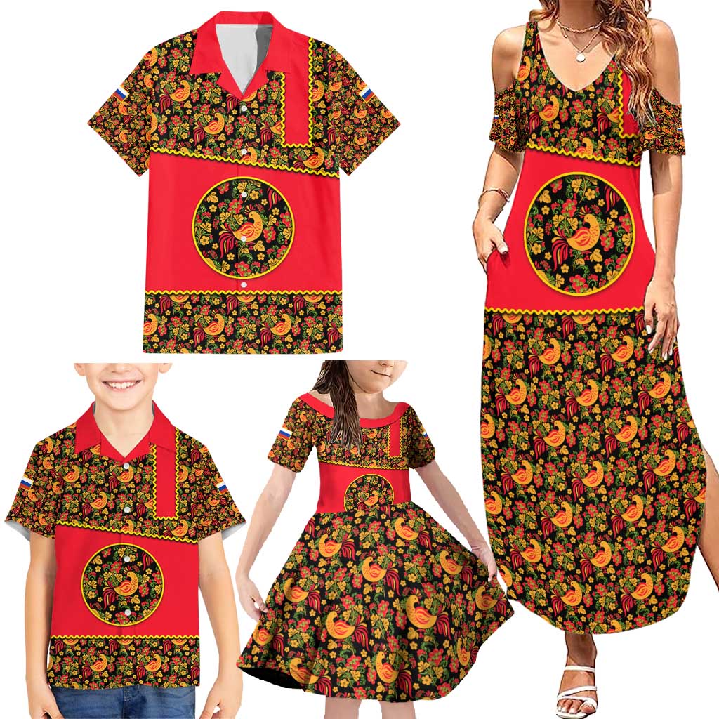 Russia Folk Art Family Matching Summer Maxi Dress and Hawaiian Shirt with Khokhloma Pattern and Traditional Rooster Design