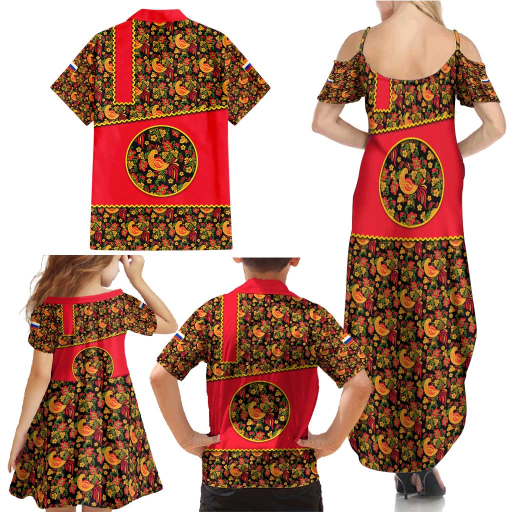 Russia Folk Art Family Matching Summer Maxi Dress and Hawaiian Shirt with Khokhloma Pattern and Traditional Rooster Design