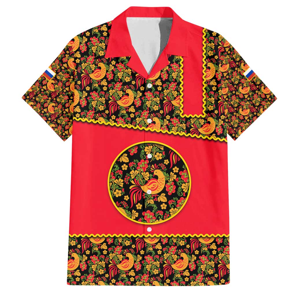 Russia Folk Art Family Matching Summer Maxi Dress and Hawaiian Shirt with Khokhloma Pattern and Traditional Rooster Design