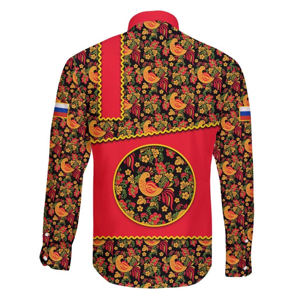 Russia Folk Art Family Matching Summer Maxi Dress and Hawaiian Shirt with Khokhloma Pattern and Traditional Rooster Design