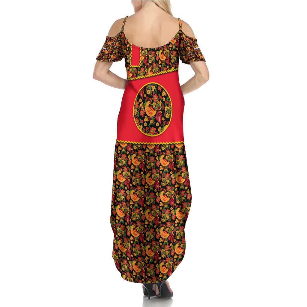 Russia Folk Art Family Matching Summer Maxi Dress and Hawaiian Shirt with Khokhloma Pattern and Traditional Rooster Design