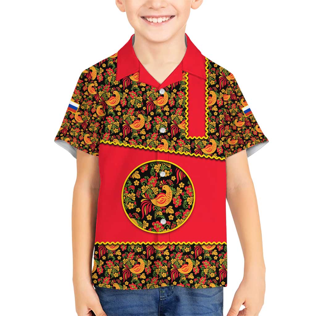 Russia Folk Art Family Matching Summer Maxi Dress and Hawaiian Shirt with Khokhloma Pattern and Traditional Rooster Design