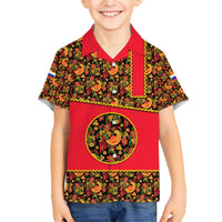 Russia Folk Art Family Matching Summer Maxi Dress and Hawaiian Shirt with Khokhloma Pattern and Traditional Rooster Design