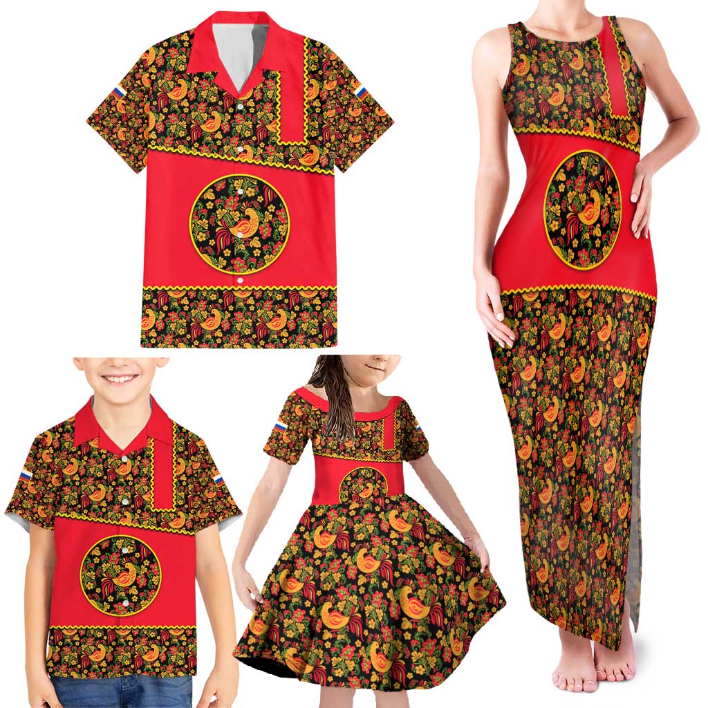 Russia Folk Art Family Matching Tank Maxi Dress and Hawaiian Shirt with Khokhloma Pattern and Traditional Rooster Design