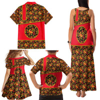 Russia Folk Art Family Matching Tank Maxi Dress and Hawaiian Shirt with Khokhloma Pattern and Traditional Rooster Design