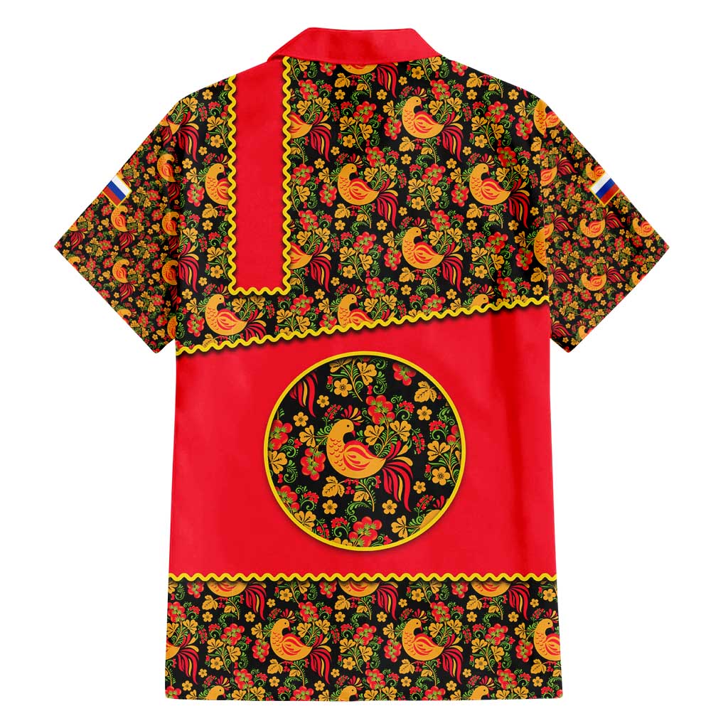 Russia Folk Art Family Matching Tank Maxi Dress and Hawaiian Shirt with Khokhloma Pattern and Traditional Rooster Design
