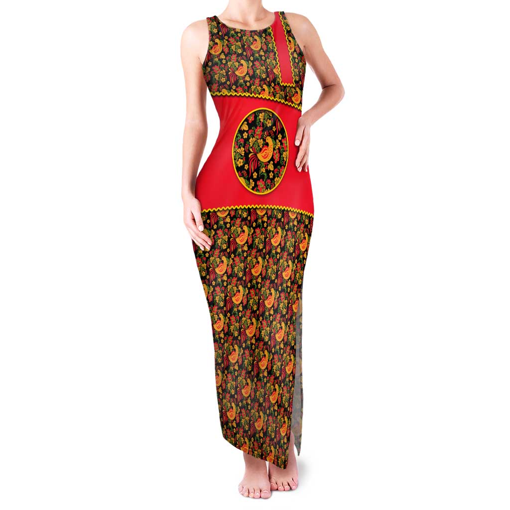 Russia Folk Art Family Matching Tank Maxi Dress and Hawaiian Shirt with Khokhloma Pattern and Traditional Rooster Design
