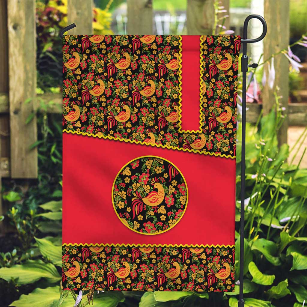 Russia Folk Art Garden Flag with Khokhloma Pattern and Traditional Rooster Design