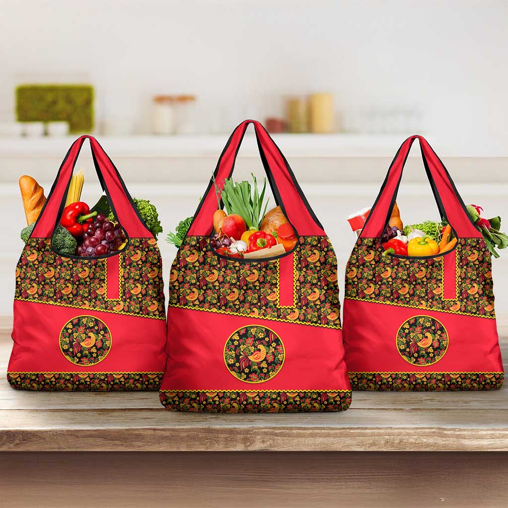 Russia Folk Art Grocery Bag with Khokhloma Pattern and Traditional Rooster Design