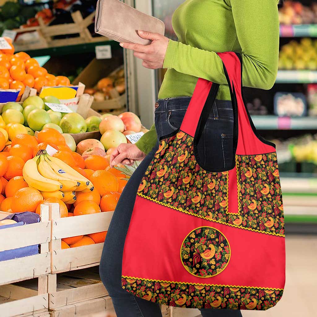 Russia Folk Art Grocery Bag with Khokhloma Pattern and Traditional Rooster Design