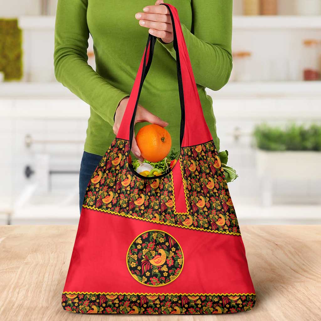 Russia Folk Art Grocery Bag with Khokhloma Pattern and Traditional Rooster Design
