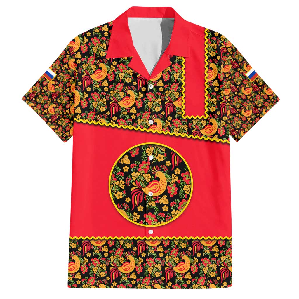 Russia Folk Art Hawaiian Shirt with Khokhloma Pattern and Traditional Rooster Design