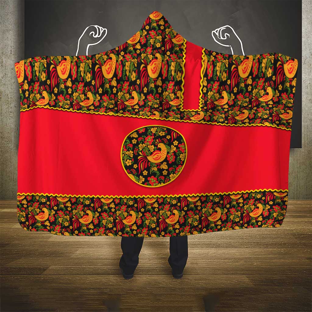 Russia Folk Art Hooded Blanket with Khokhloma Pattern and Traditional Rooster Design
