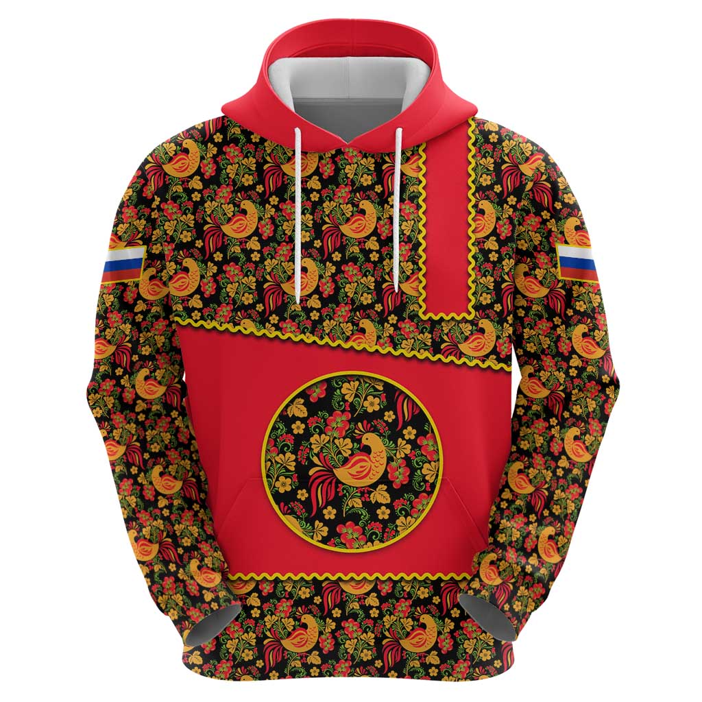 Russia Folk Art Hoodie with Khokhloma Pattern and Traditional Rooster Design