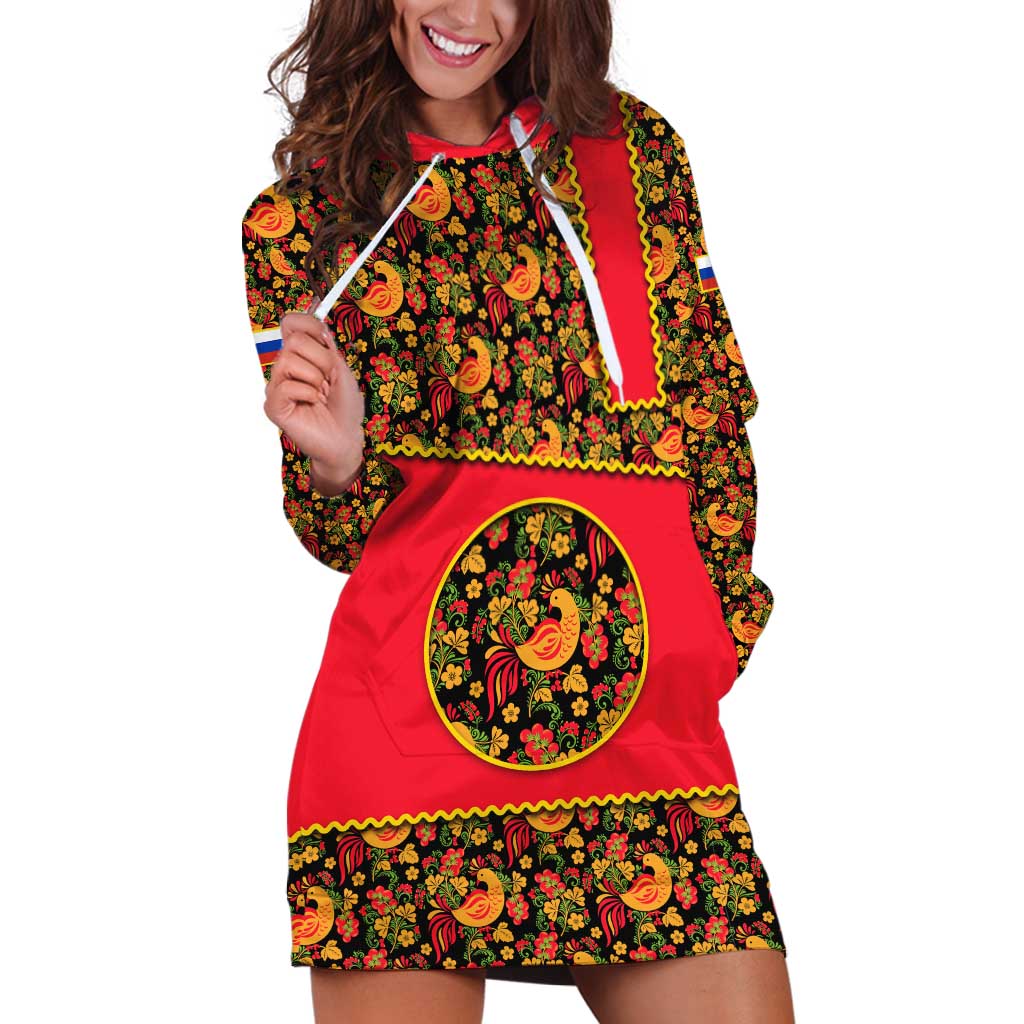 Russia Folk Art Hoodie Dress with Khokhloma Pattern and Traditional Rooster Design