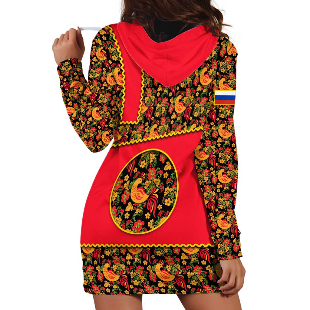 Russia Folk Art Hoodie Dress with Khokhloma Pattern and Traditional Rooster Design