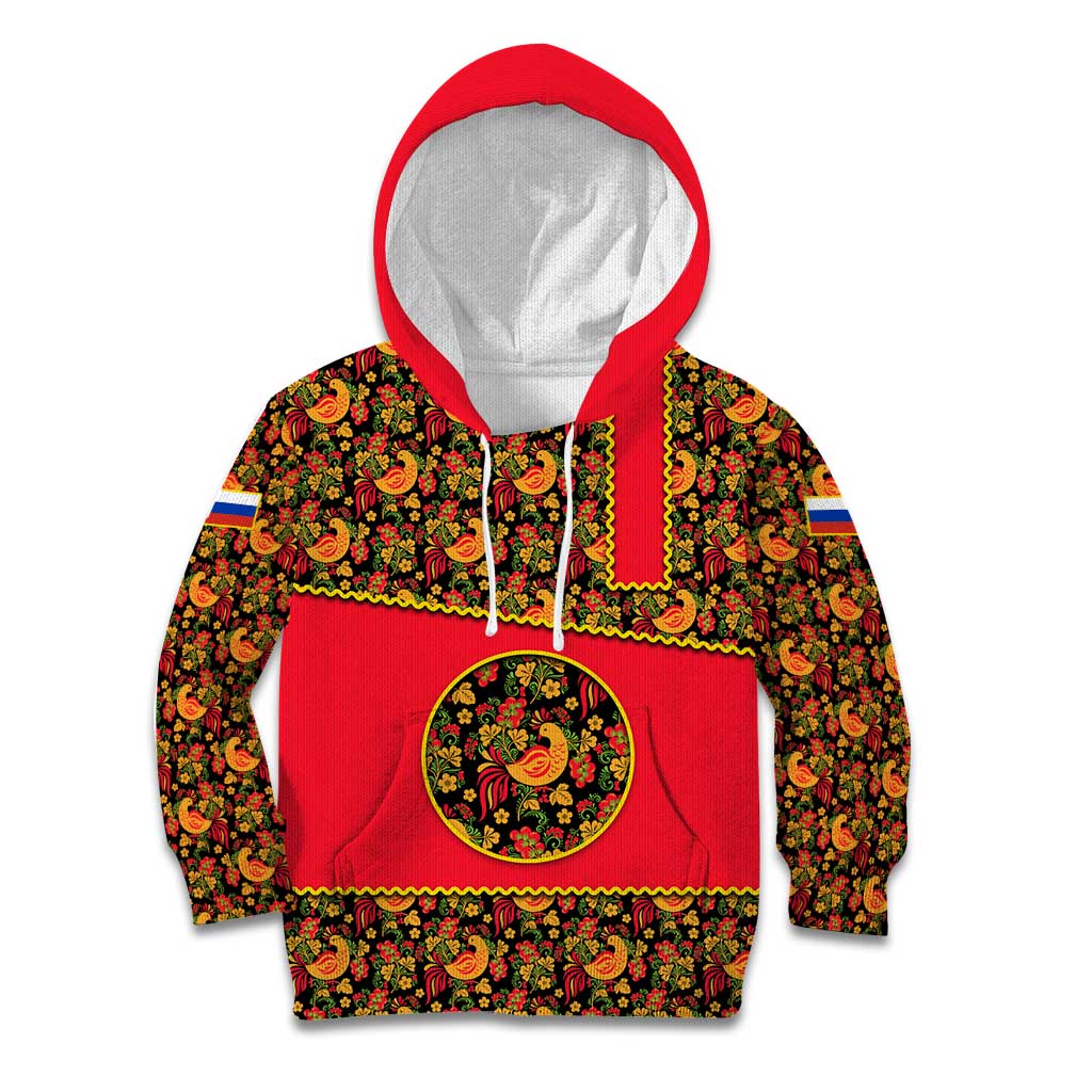 Russia Folk Art Kid Hoodie with Khokhloma Pattern and Traditional Rooster Design